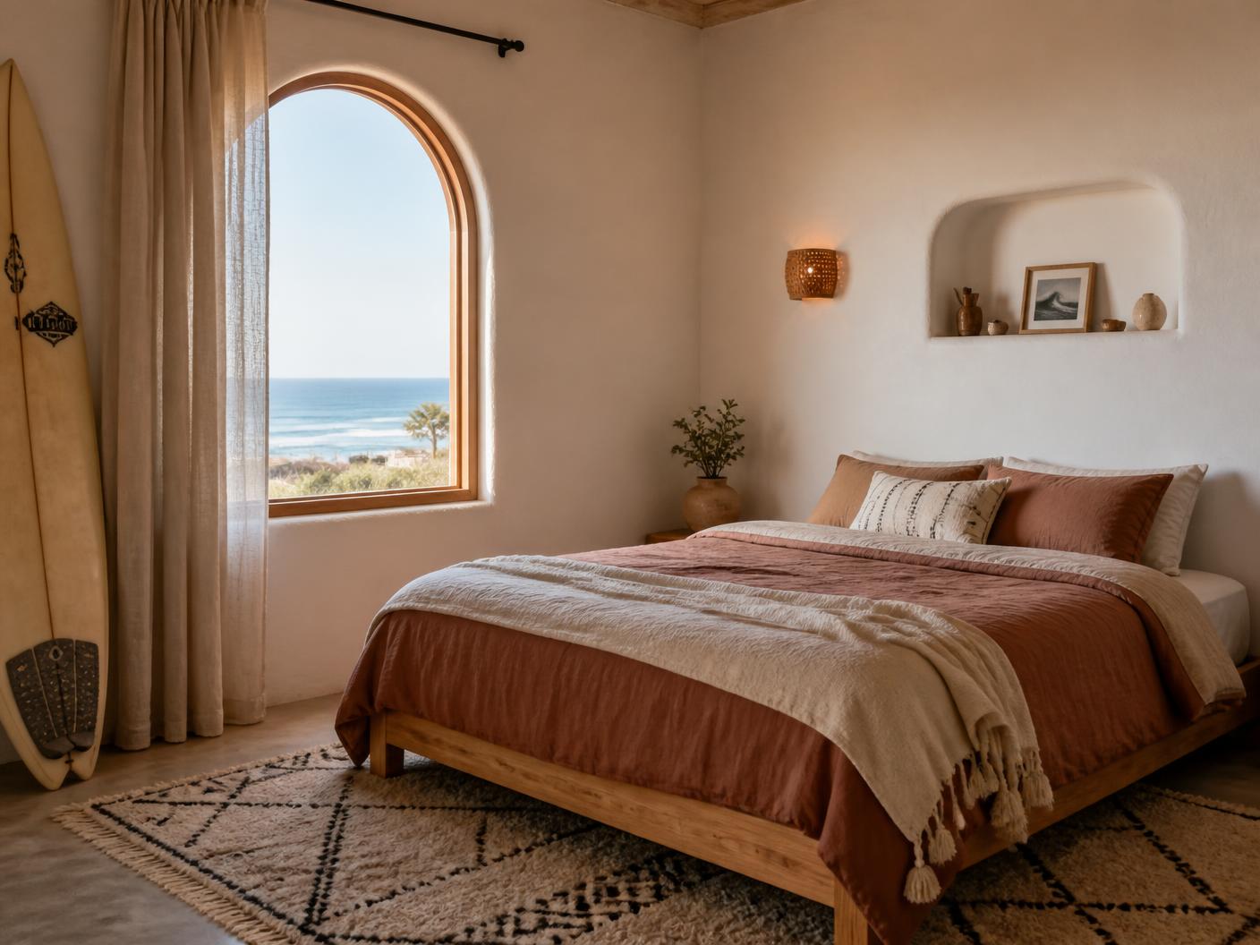 Guest room with arched window and ocean view